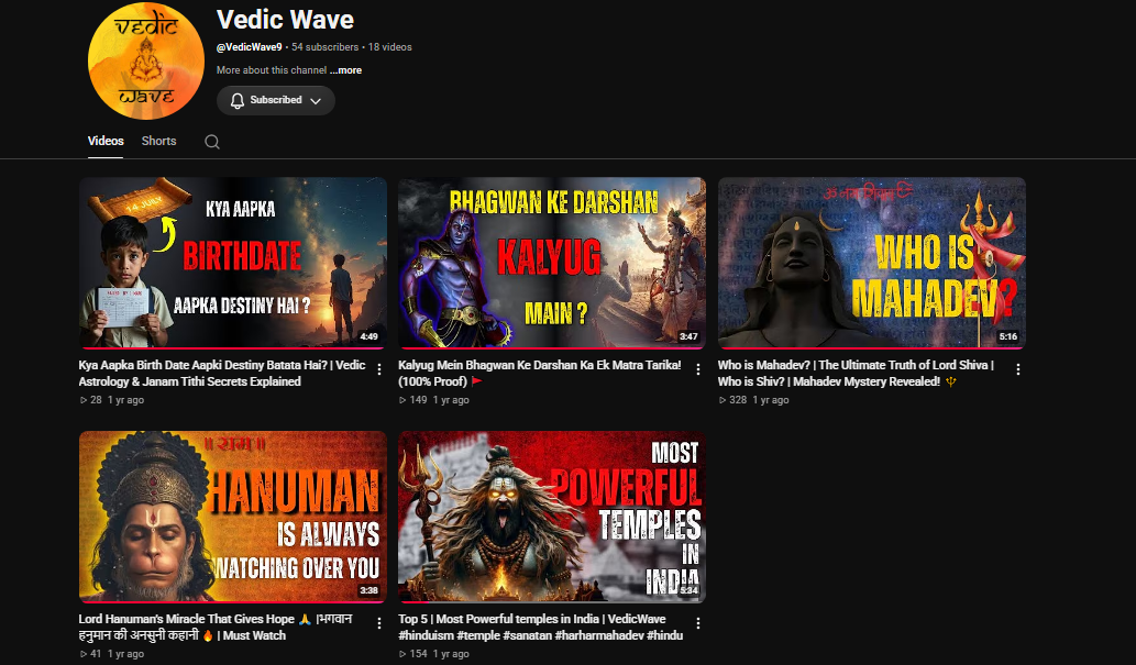 Vedic Wave YouTube channel page with its profile image and video thumbnails
